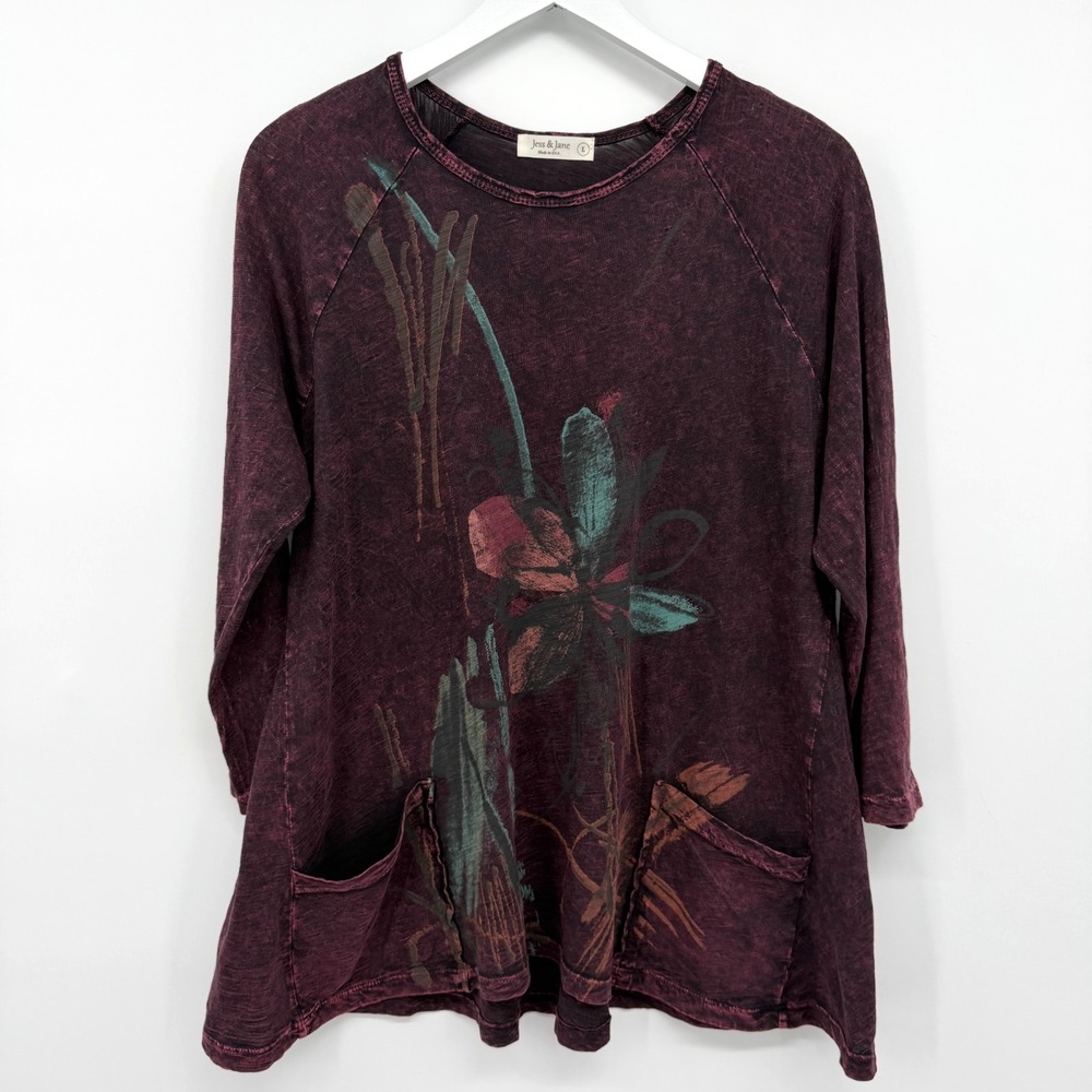 Jess & Jane Top Shirt Large Field Notes Pockets 3/4 Sleeve Earthy Artsy Boho USA